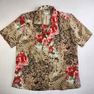 Donnkenny Classics Woman's Size M Button Down Gold and Pink Floral Cheetah Print
